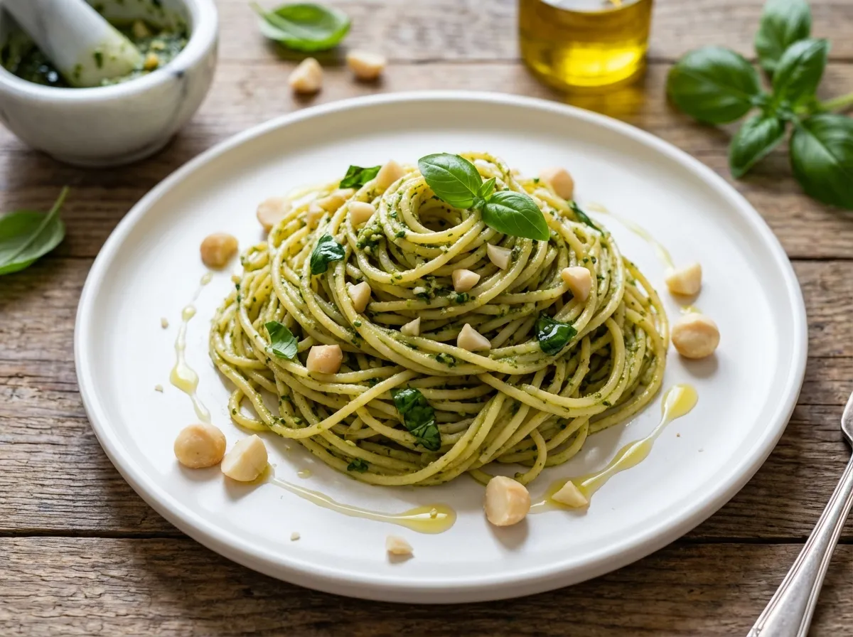 Pasta al pesto de albahaca y macadamia