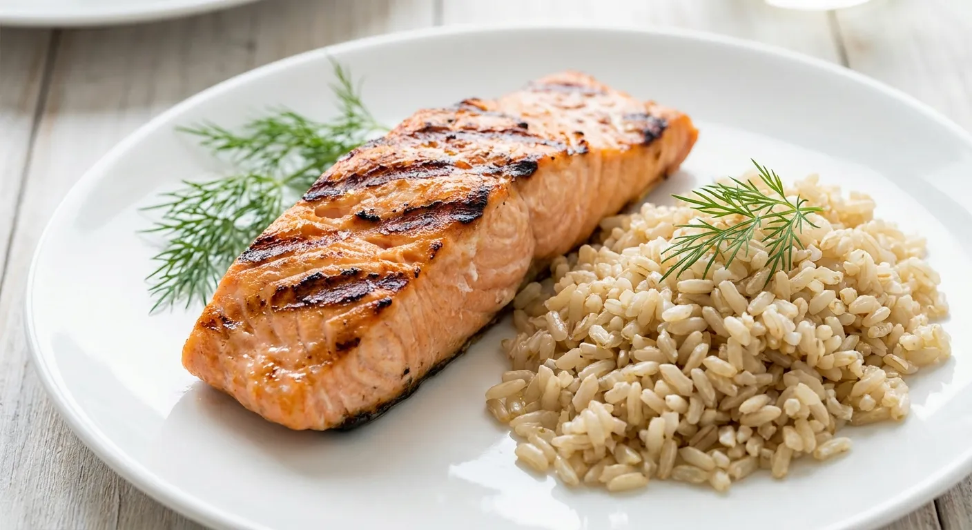 Salmón a la parrilla con arroz integral