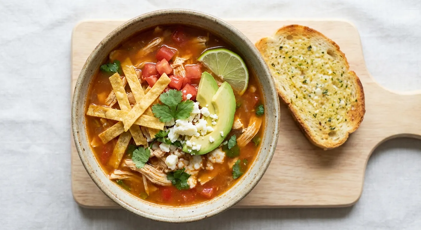 Sopa de tortilla de pollo con pan de ajo